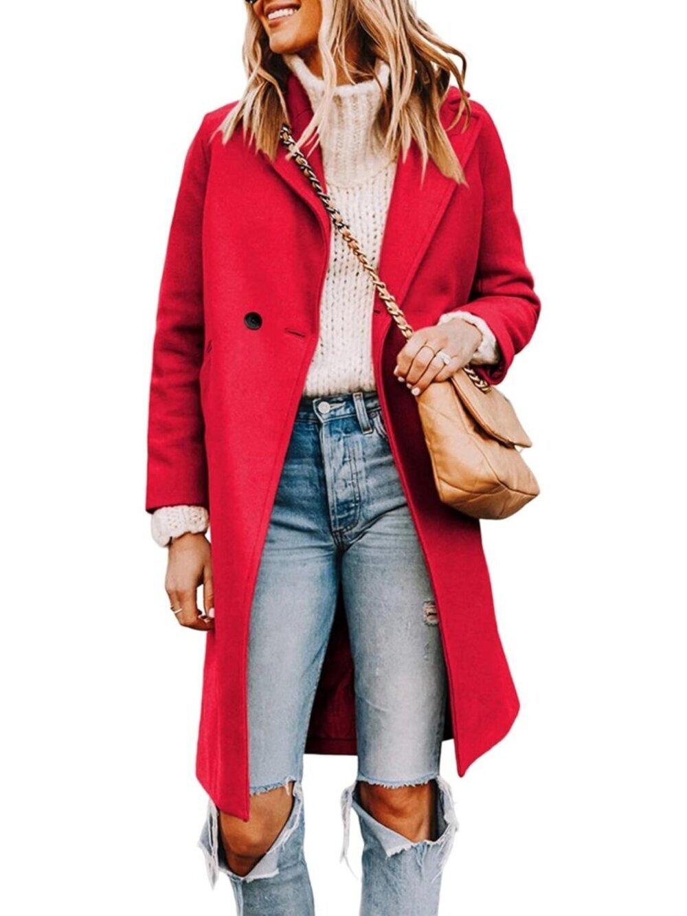 Women's Red Notch Lapel Double Breasted Wool Blend Mid Long Trench Coat